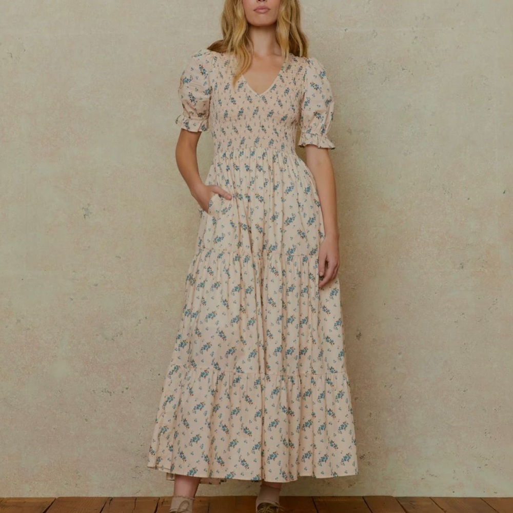 Christy Dawn Brooklyn Cream Maxi Dress with Blue Floral Print - Picture 3 of 6